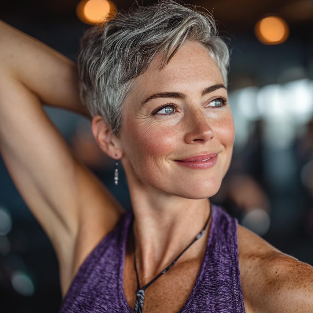 A confident woman in her early 50s with short silver hair stretching in a bright modern fitness studio, wearing purple athletic wear, smiling warmly while doing a standing side stretch