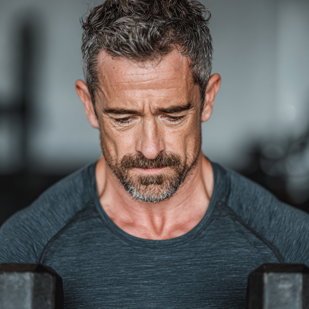A fit man in his late 40s with grey temples performing a dumbbell exercise in a modern gym, wearing a dark athletic shirt, focused expression showing determination and strength